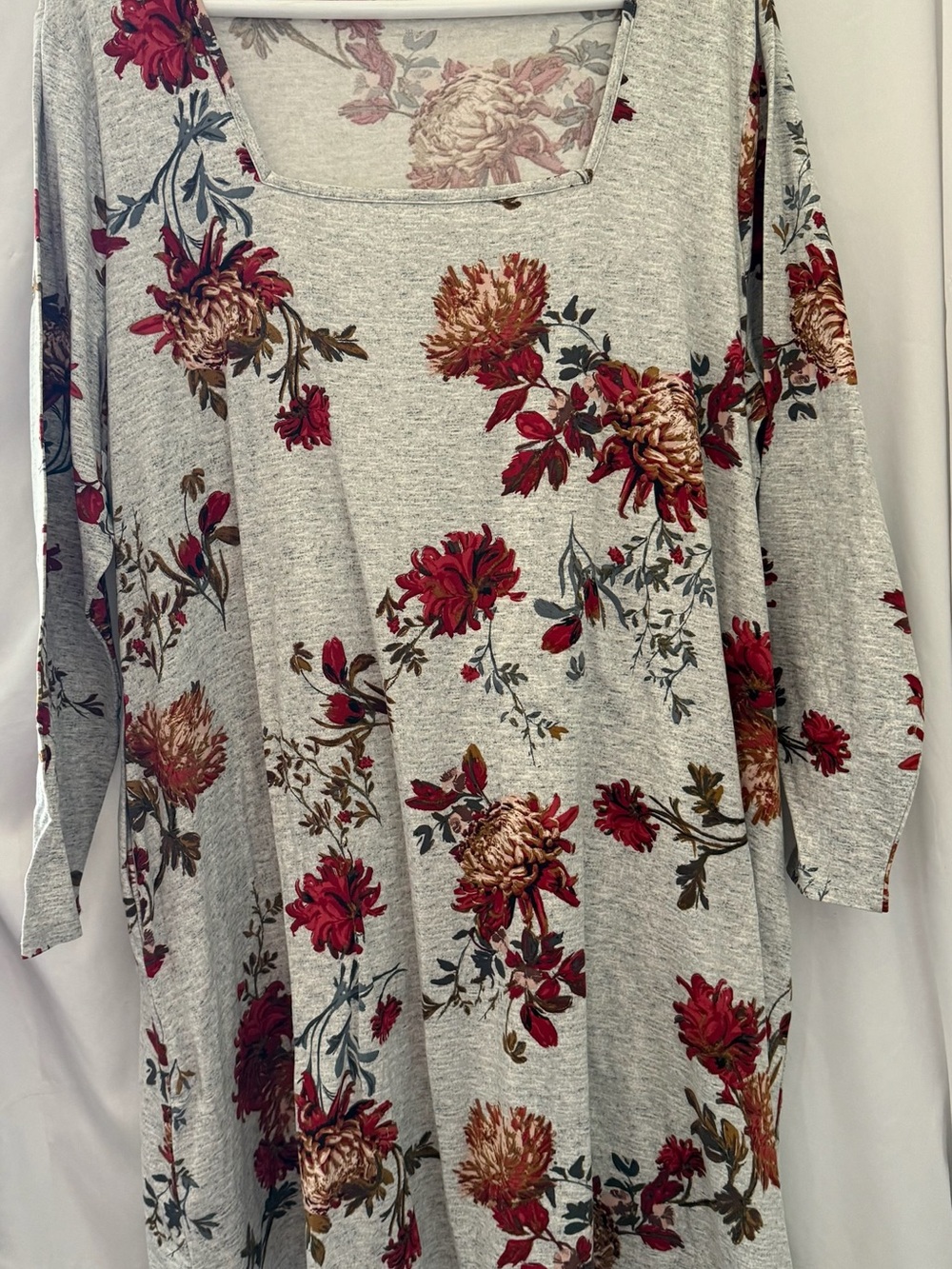 Floral Long Sleeve Dress - Gray with Red Blooms
